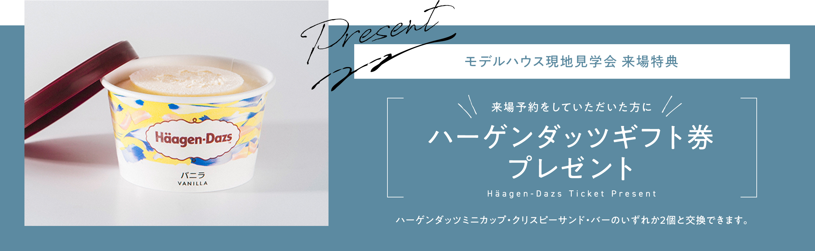 Present モデルハウス現地見学会 来場特典 来場予約していただいた方にハーゲンダッツギフト券プレゼント