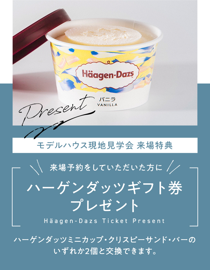 Present モデルハウス現地見学会 来場特典 来場予約していただいた方にハーゲンダッツギフト券プレゼント